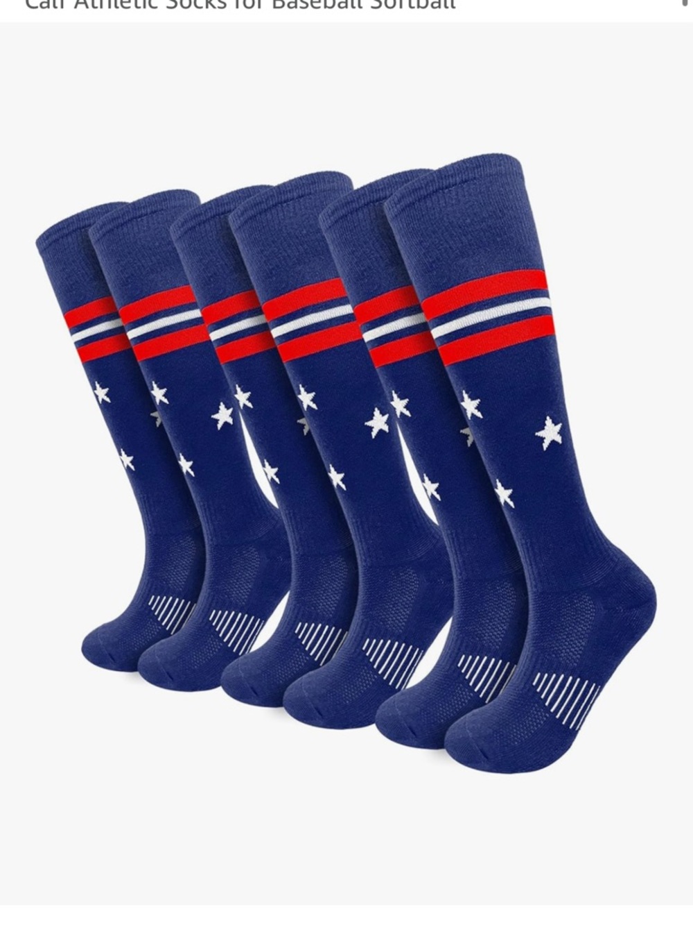 Youth Baseball Navy Athletic Socks with Stars and Red Stripe - Pack of 4